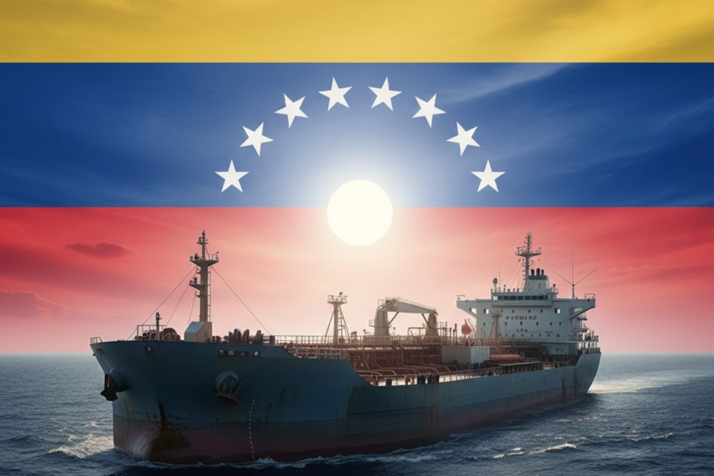Eine Animation eines Tankers vor der Flagge Venezuelas